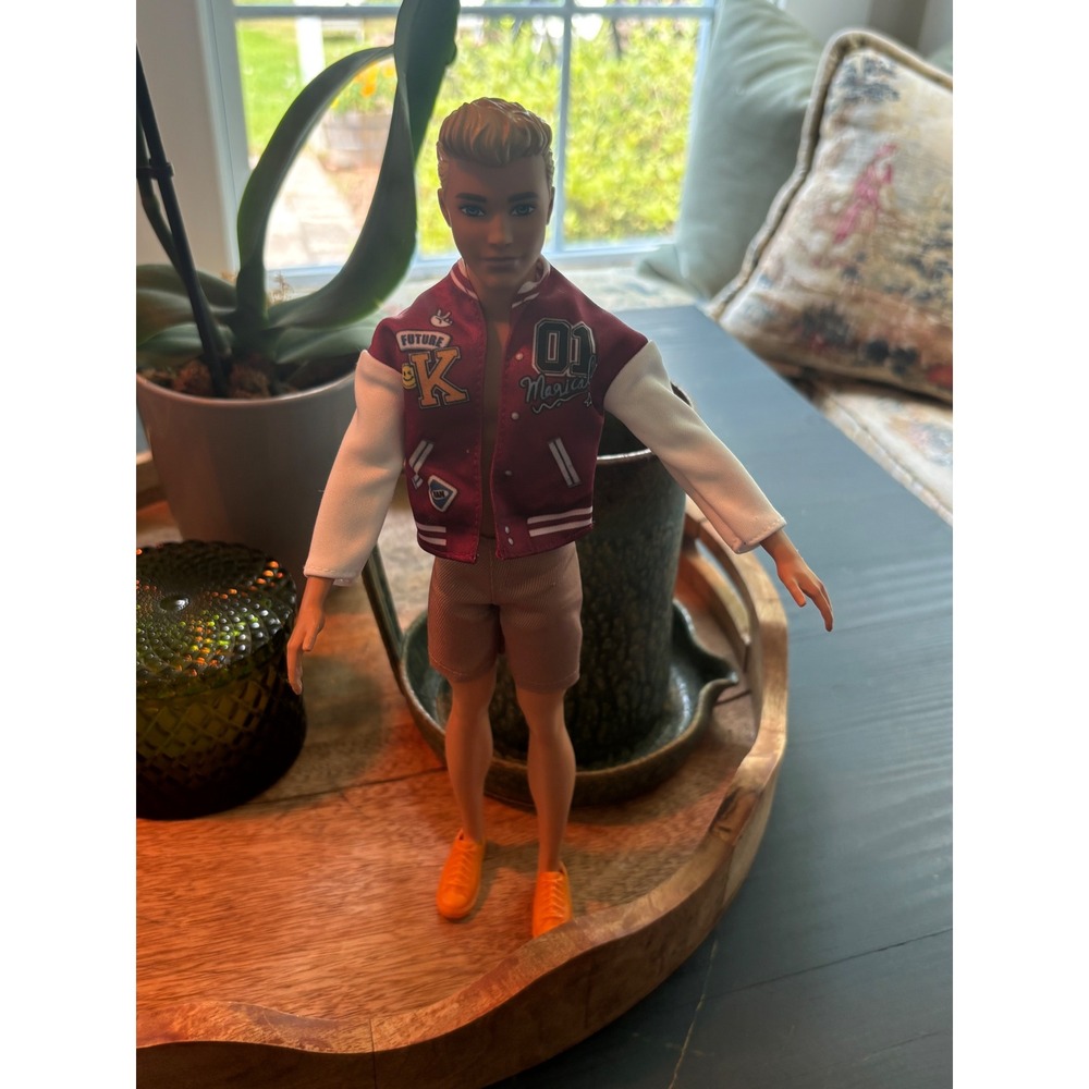 Barbie Fashionistas Ken Doll Varsity Letterman Jacket Maroon Tan Shorts Orange